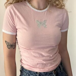 Urban Outfitters-Pink-Butterfly graphic Shrt Slv Baby tee-MED